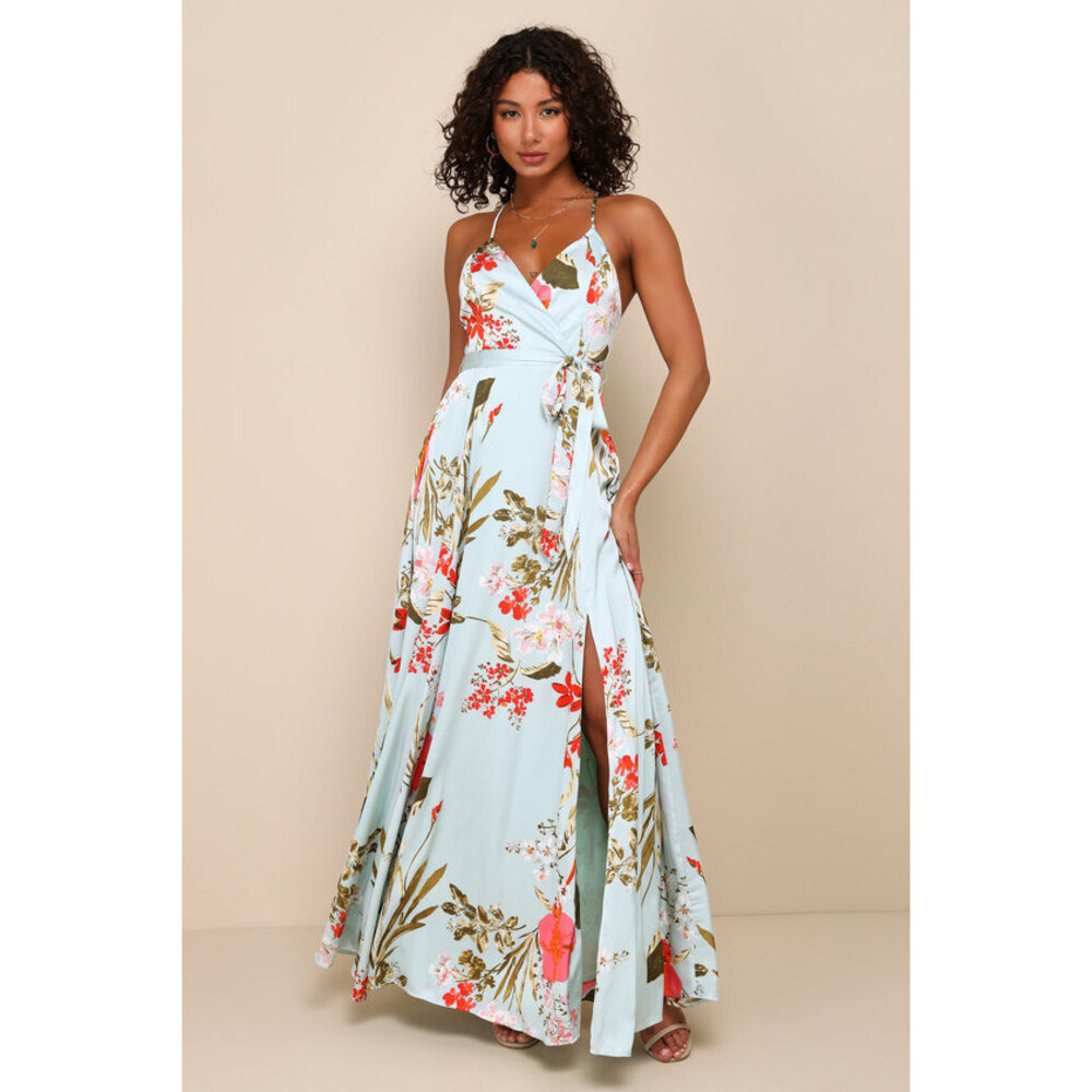 NWT Lulus Still The One Sage Green Floral Print Satin Maxi Dress - Size S